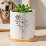 Maceta de cerámica personalizada con dibujo lineal de la flor del nacimiento y foto de la mascota, con nombre y bandeja de bambú. Decoración para el hogar, regalo conmemorativo de cumpleaños para prop