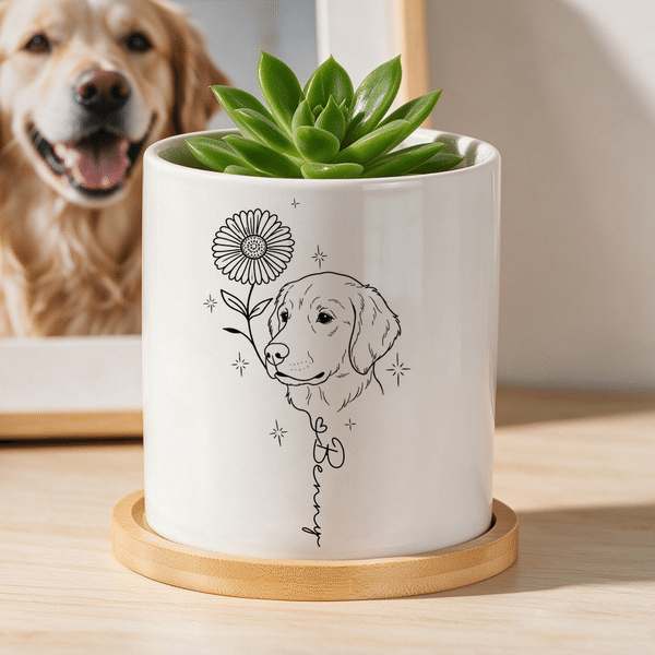 Maceta de cerámica personalizada con dibujo lineal de la flor del nacimiento y foto de la mascota, con nombre y bandeja de bambú. Decoración para el hogar, regalo conmemorativo de cumpleaños para prop