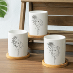 Maceta de cerámica personalizada con dibujo lineal de la flor del nacimiento y foto de la mascota, con nombre y bandeja de bambú. Decoración para el hogar, regalo conmemorativo de cumpleaños para prop