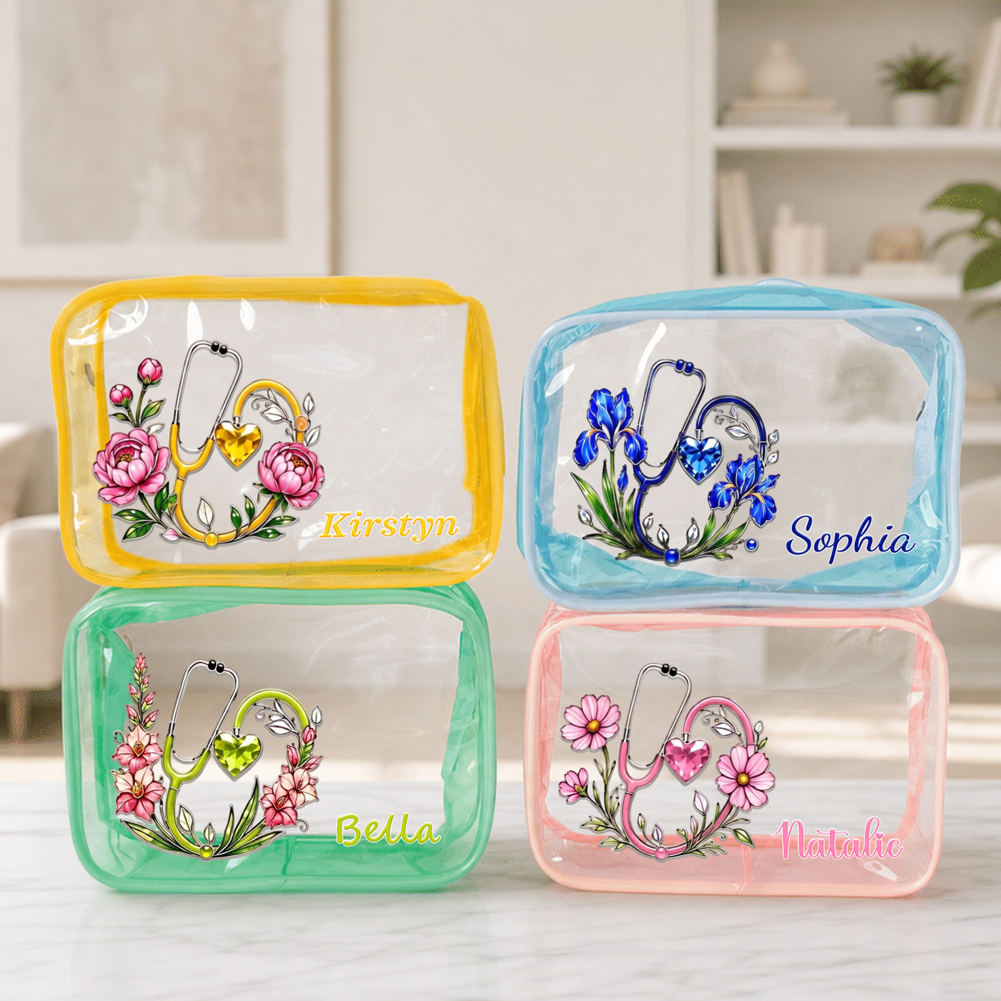 Personalisierte, transparente Kosmetiktasche in Stethoskopform mit Geburtsblume, Herz und Geburtsstein sowie Namensaufdruck – Partygeschenk und Geburtstagsgeschenk für Ärzte und Krankenschwestern