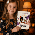 Personalised Halloween Theme Kitty Pumpkin Sweets A5 Spiral Notebook with Name and Text Halloween Gift for Kid Halloween Lover