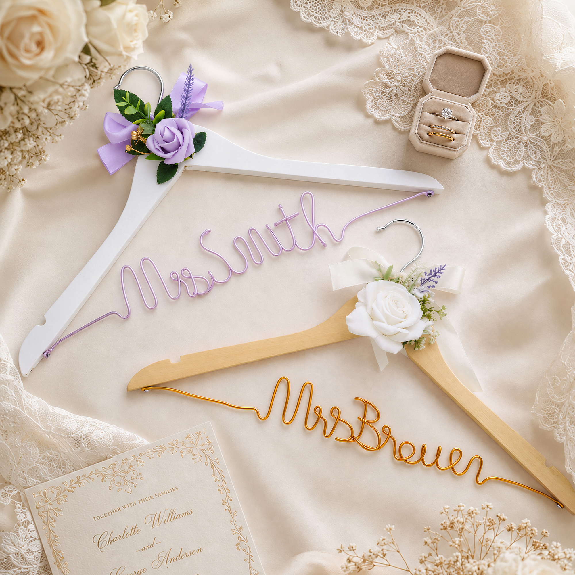 Personalisierte Bogen Blume Aluminium Draht Holz Kleiderbügel mit Namen Ankleidezimmer Dekoration Hochzeit Braut Dusche Geschenk für Braut Brautjungfer
