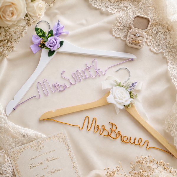 Personalized Bow Flower Aluminum Wire Wooden Hanger with Name Dressing Room Decor Wedding Bridal Shower Gift for Bride Bridesmaid