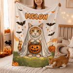 Personalized Cute Halloween Pet Photo Ghost Soft Throw Blanket with Name Daily Use Home Decor Halloween Gift for Pet Owners Lovers