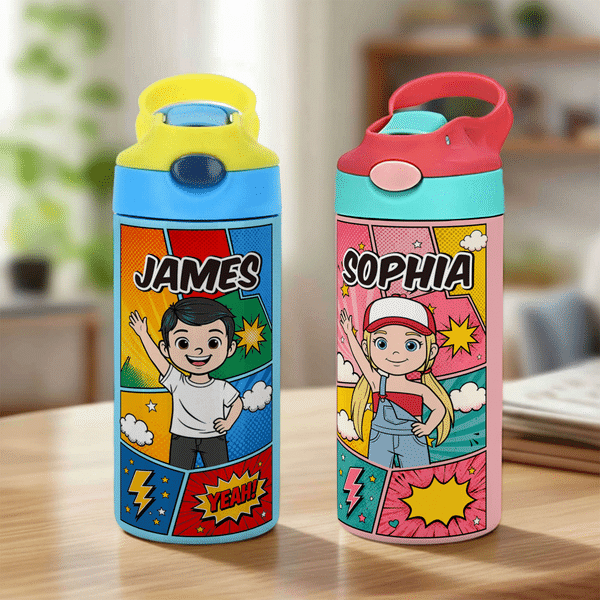 Personalized Cartoon Kid Photo Name 12 oz Insulated Water Bottle with Straw and Handle Back to School Birthday Gift for Boys Girls
