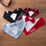 Personalised Red Black Plaid Bowknot Tuxedo Style Dog Bandana with Embroidered Name Christmas Wedding Birthday Gift for Pet Lovers