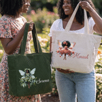 Personalised Birth Flower Black Fairy Large Capacity Corduroy Tote Bag with Name and Zipper Travel Birthday Gift for Black Girls