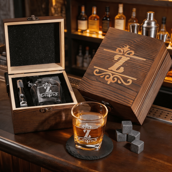 Personalized Engraved Initial Retro Whiskey Glass Set with Wooden Box and Coaster Birthday Graduation Anniversary Gift for Dad Husband Friend