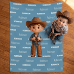 Personalized Cartoon Western Cowgirl Cowboy Kid Photo Soft Throw Blanket with Name Home Decor Birthday Gift for Boys Girls