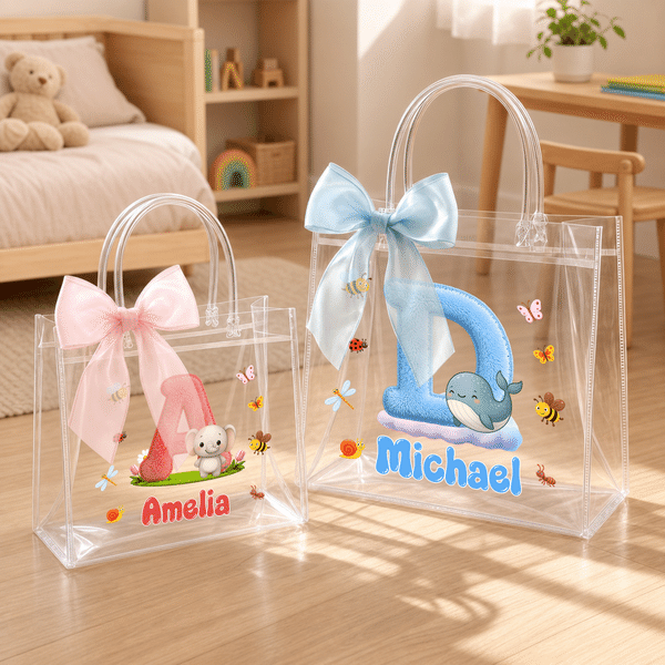 Personalized Pink Blue Bow Cute Cartoon Animal Initial Transparent Bag with Name Daily Use Travel Birthday Gift for Boys Girls