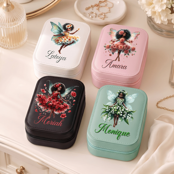 Personalized Birth Flower Fairy PU Leather Jewelry Box with Name and LED Three-Color Adjustable Makeup Mirror Birthday Gift for African American Girls