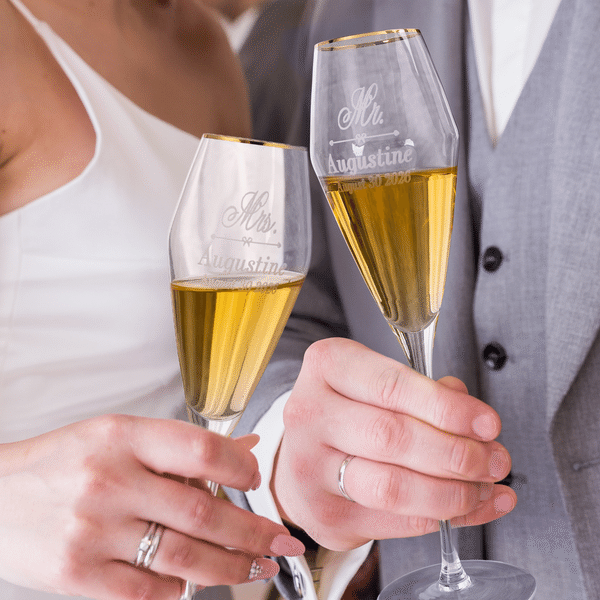 Personalized Engraved Monogram Design Gold Rim Champagne Tulip Glasses Set of 2 Engagement Wedding Anniversary Gift for Newlywed Couple