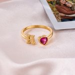 Personalized Heart Birthstone Adjustable Open Ring with Initial Dainty Jewelry Birthday Anniversary Gift for Women Girls