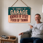 Personalised Garage Knower of Stuff Fixer of Things Vintage Metal Sign with Name Garage Wall Decor Workshop Housewarming Gift for Car Enthusiasts