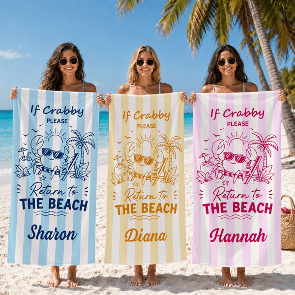 Personalized If Crabby Please Return to the Beach Oversized Quick Dry Beach Towel with Name and Drawstring Bag Birthday Gift for Women Friends