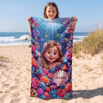 Personalized Underwater World Cartoon Photo Character Soft Oversized Quick-Dry Beach Towel with Name Birthday Gift for Kids