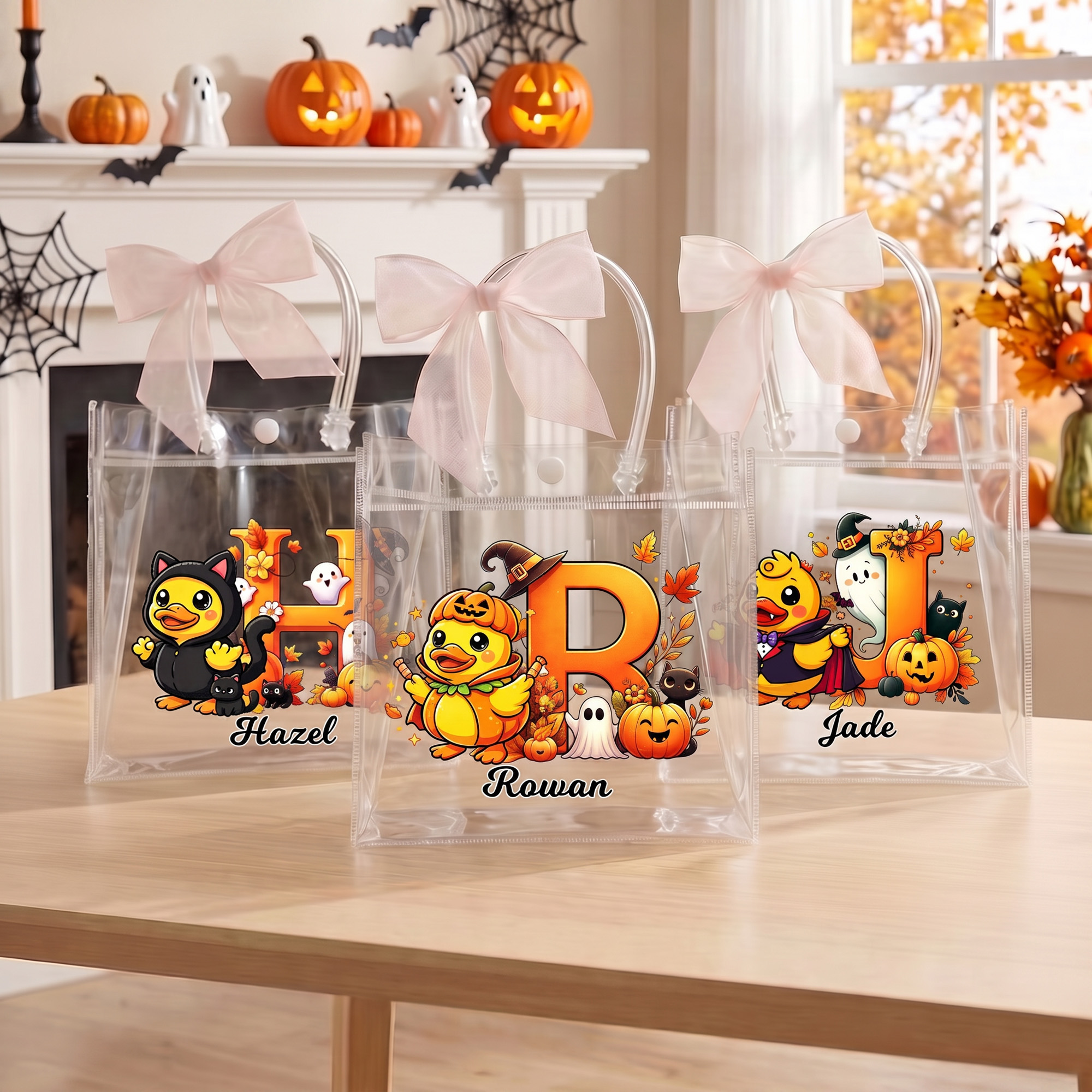 Personalisierte, durchsichtige Halloween-Geschenktüte mit gelber Ente und Namensaufdruck – Halloween-Partygeschenk für Kinder zum täglichen Gebrauch