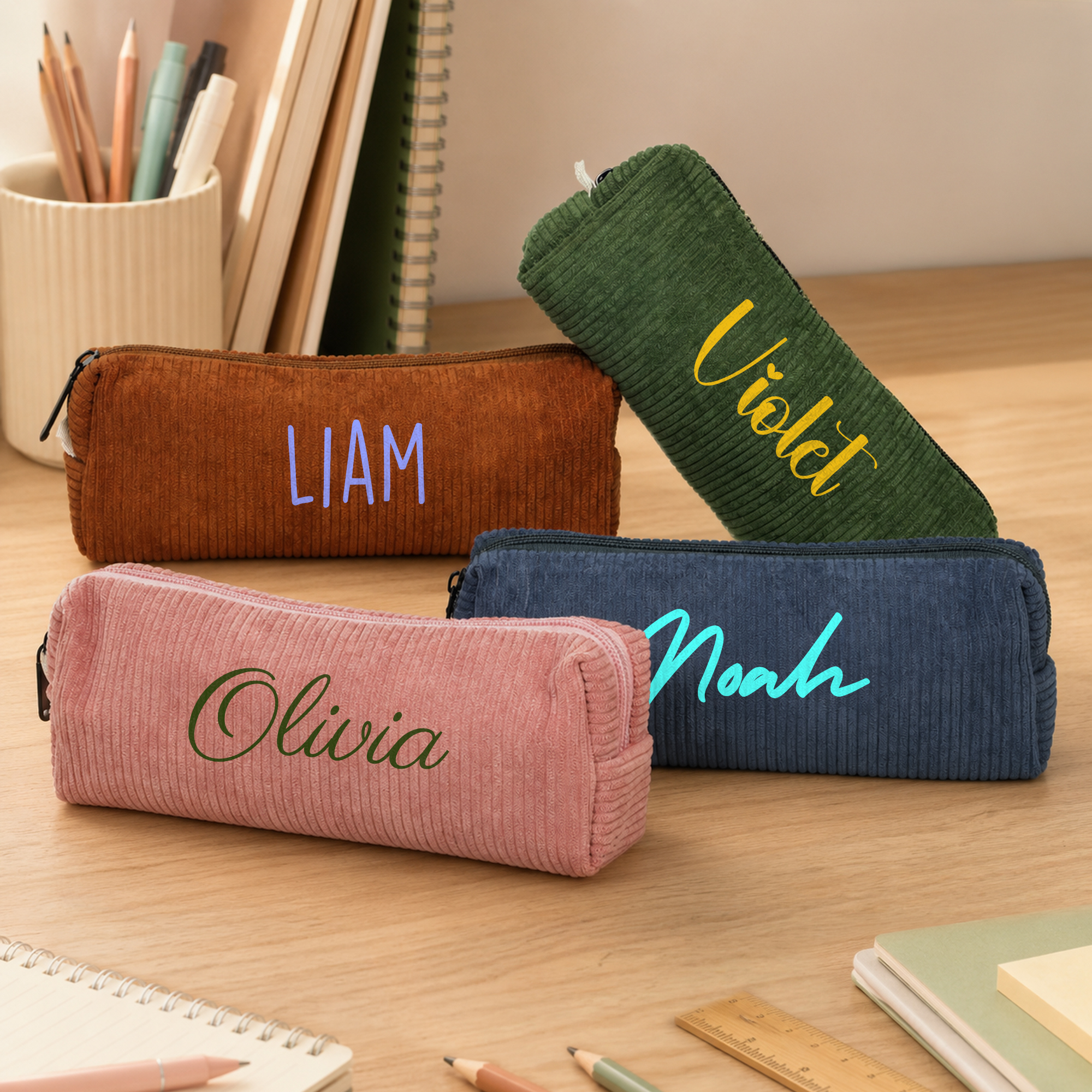 Personalisiertes, mehrfarbiges und strapazierfähiges Bleistiftetui aus Cord mit Namensaufdruck – als Geschenk zum Schulanfang oder Geburtstag für Schüler und Kollegen