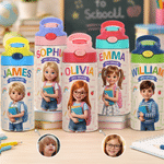Personalised Cute Photo Cartoon Character 12 oz Insulated Water Bottle with Name and Straw Back to School Gift for Boys Girls