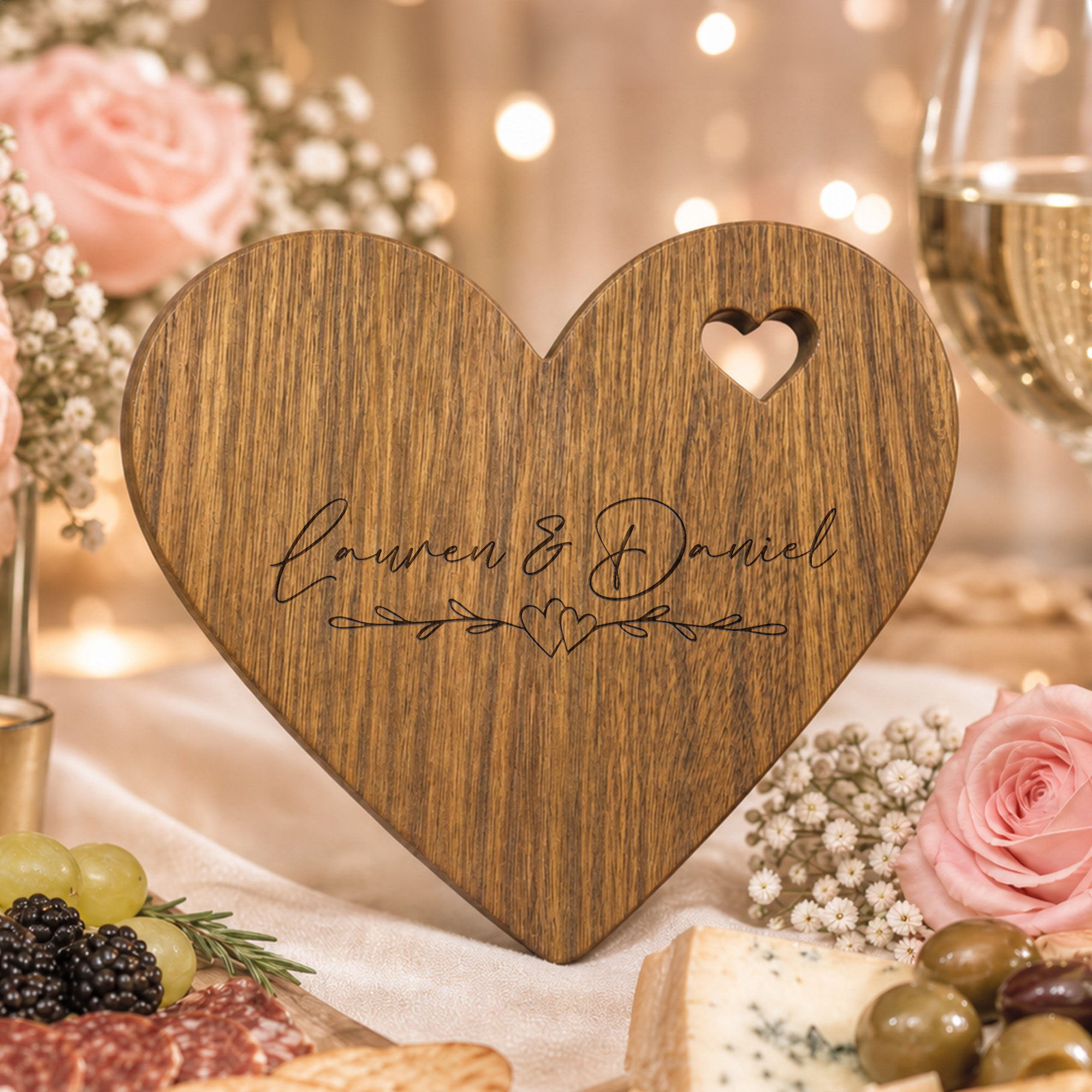 Individuell gestaltete Käseplatte in Herzform mit Namen und Datum sowie Messer – das perfekte Geschenk zur Hochzeit, zur Einweihungsfeier oder für Jungvermählte und die Familie