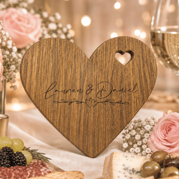 Personalized Heart Shape Name & Date Design Charcuterie Cheese Board with Knife Wedding Party Housewarming Gift for Newlyweds Family