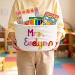 Personalised Rainbow Flower Cotton Woven Storage Basket with Text Teachers' Day Back to School Appreciation Gift for Teachers