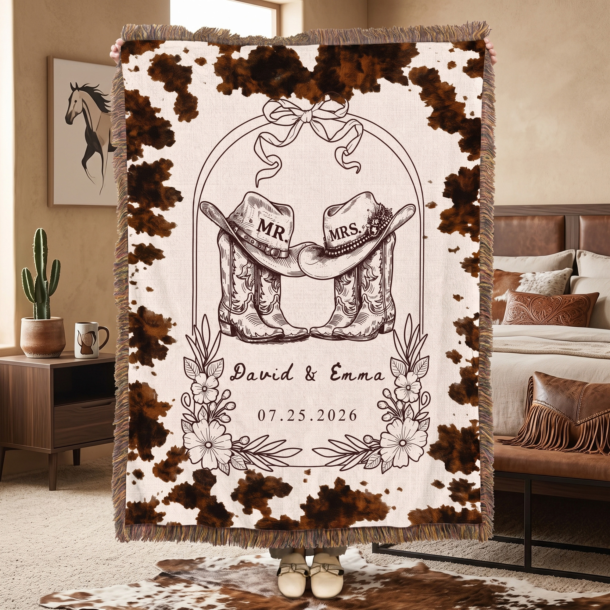 Individuell gestaltete Cowboy-Decke mit Quasten und Namen | Geschenk zum Geburtstag, zum Jubiläum oder zur Hochzeit für Jungvermählte