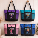 Personalized Multicolor Cartoon Cheerleader Oxford Tote Bag with Name and Mesh Pockets Sports Game Day Team Gift for Cheerleader Teammate