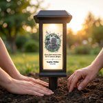 Personalisiertes Solar Grablicht mit Trauerspruch Blumenkranz & Foto | mit Namen & Datum | Garten | Friedhof | Erinnerung Geschenk für Hinterbliebene