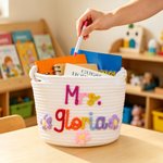 Personalised Rainbow Flower Cotton Woven Storage Basket with Text Teachers' Day Back to School Appreciation Gift for Teachers