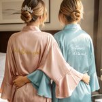 Personalised Glitter Text Ruffled V-Neck Satin Finish Robe Wedding Party Bridal Shower Gift for Bridesmaid Flower Girl