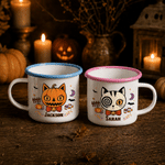 Personalised Halloween Spooky Cat Pumpkin Moon 11 oz Enamel Mug with Name Holiday Decor Halloween Party Gift for Boys Girls