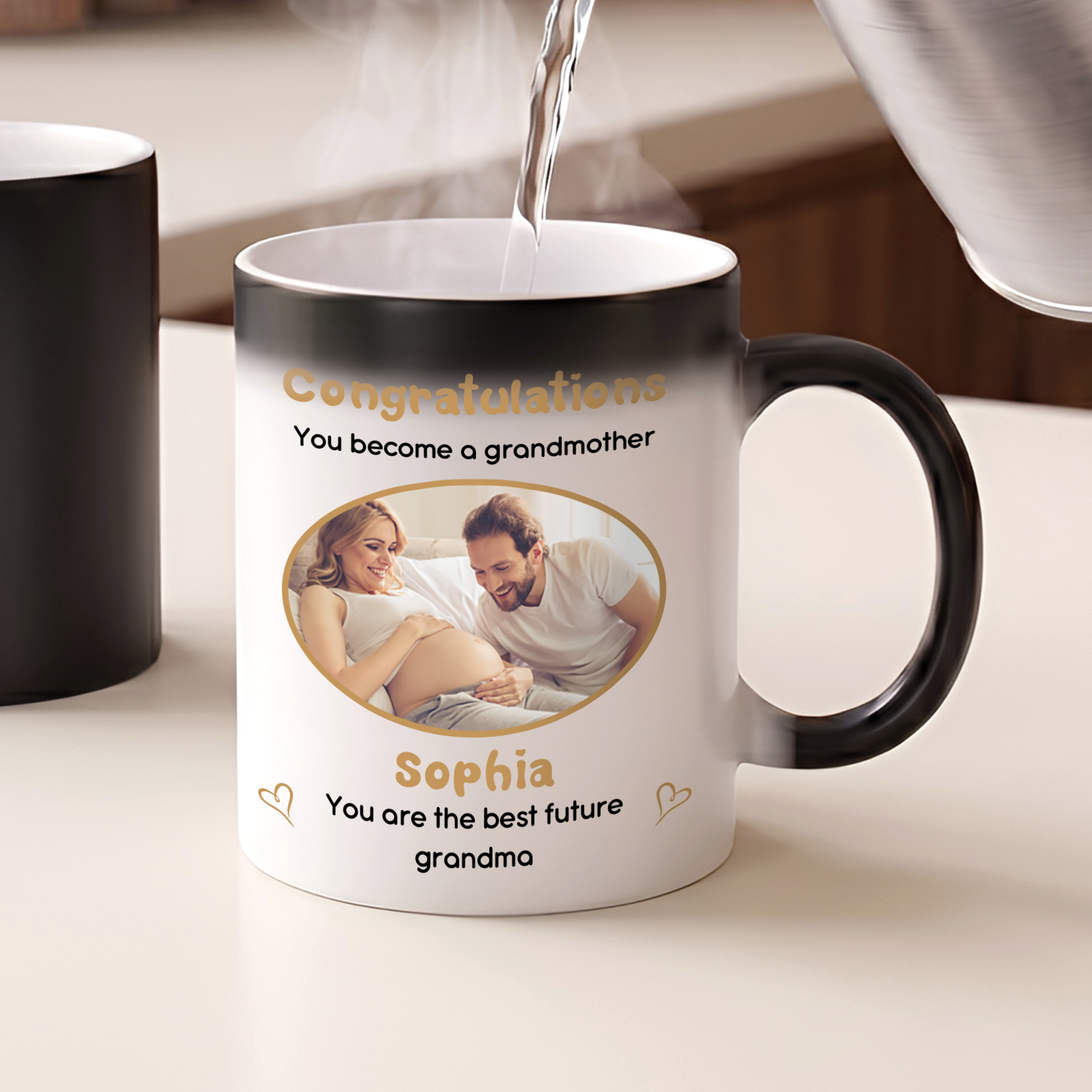 Personalisierte Schwangerschaftsankündigung: Wärmeaktivierte Keramiktasse mit Foto und Namen – Geschenk zur Ankündigung der Geburt für werdende Mütter und frischgebackene Eltern