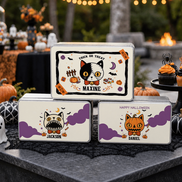 Personalised Halloween Theme Cat Pumpkin Candy Treat Metal Tin Box with Name and Text Halloween Gift for Kid Halloween Lover