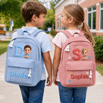 Personalised Cute Cartoon Photo Initial Multicolour Corduroy Backpack with Name Back to School Birthday Gift for Kids Boys Girls