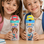 Personalised Cute Photo Cartoon Character 12 oz Insulated Water Bottle with Name and Straw Back to School Gift for Boys Girls