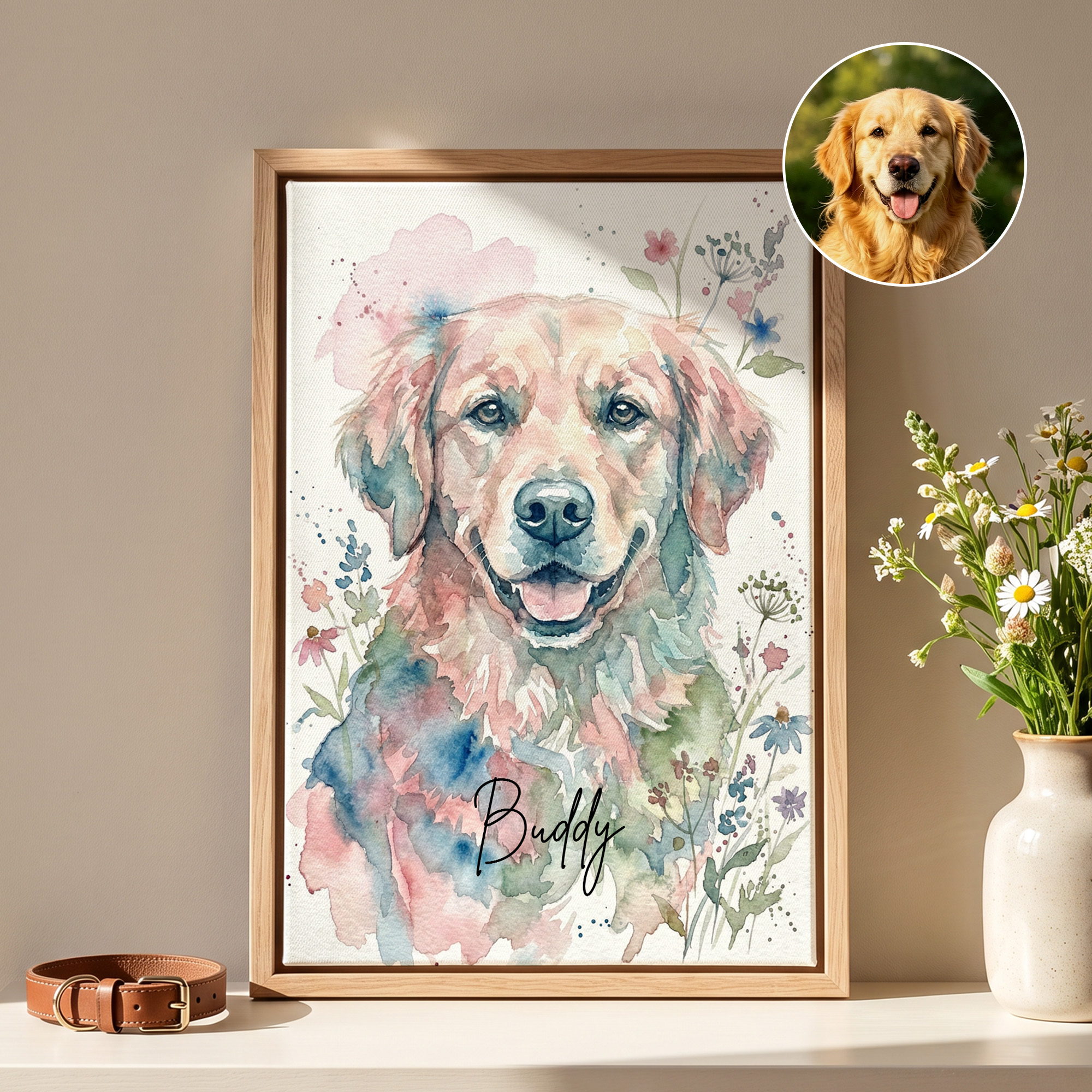 Personalisierter Leinwanddruck im Aquarellstil mit Haustierfoto & Namen | Wanddeko | Einweihungsgeschenk für Tierliebhaber
