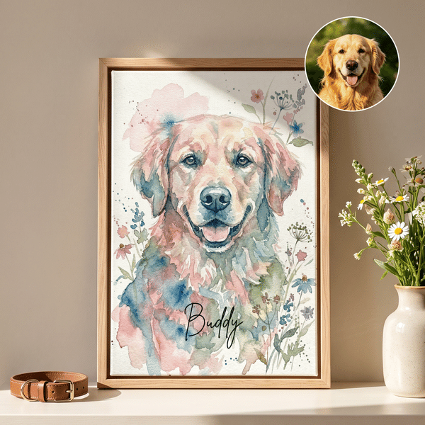 Personalised Watercolour Style Pet Theme Canvas Print with Photo and Name Wall Decor Housewarming for Pet Lovers