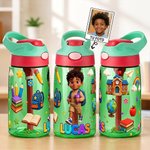 Botella de agua infantil personalizada con personaje desde foto nombre y pajita de 475 ml regalo de cumpleaños vuelta al cole para niños y chicos
