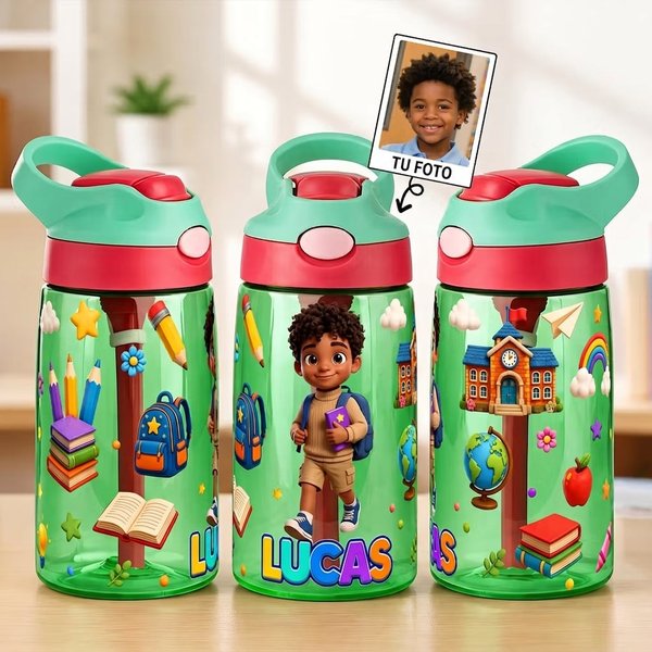 Botella de agua infantil personalizada con personaje desde foto nombre y pajita de 475 ml regalo de cumpleaños vuelta al cole para niños y chicos