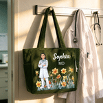Personalized Birth Flower Medical Staff Photo Large Capacity Corduroy Tote Bag with Name and Text Travel Essential Birthday Gift for Nurse Doctor