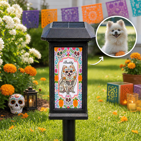 Personalized Waterproof Sugar Skull Pet Photo Solar Garden Light with Name Garden Use Memorial Day of the Dead Gift for Pet Owners Lovers