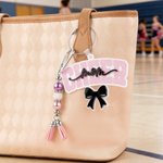 Personalized Glitter Bow Ribbon Cheering Horns Charm Keychain with Name and Tassel Sports Team Birthday Gift for Cheerleader