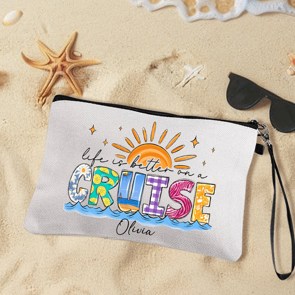 Personalised Life Is Better On A Cruise Makeup Bag with Wrist Strap and Name Travel Accessories Birthday Gift for Women Cruise Lovers