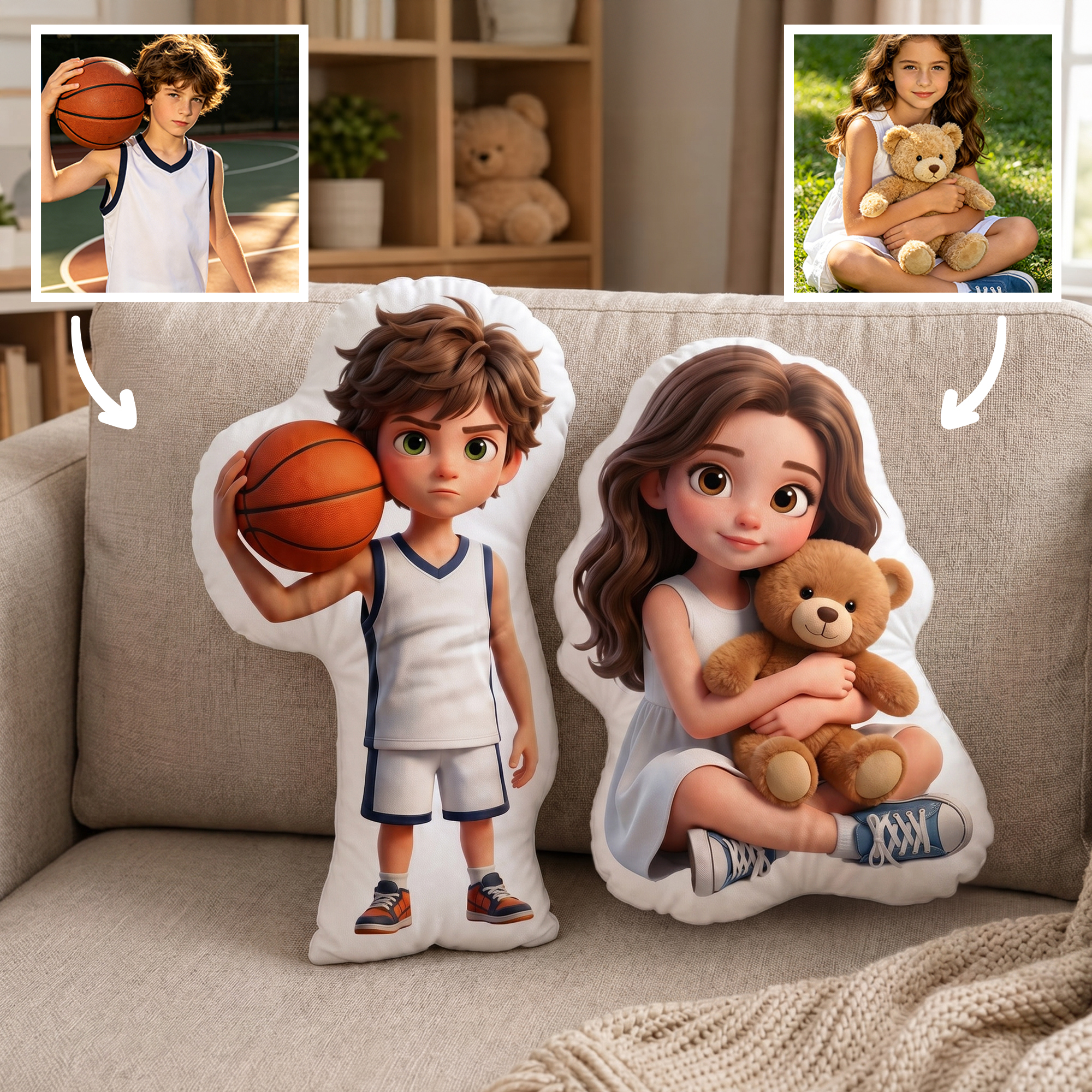 Individuell gestaltetes Kissen mit Cartoon-Figur in Menschengestalt – Wohnaccessoire, Geburtstags- oder Abschlussgeschenk für Kinder und Freunde