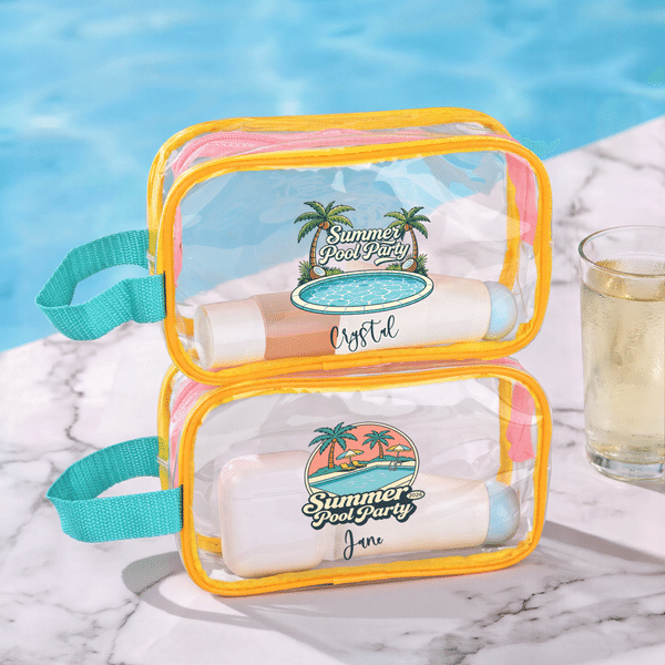 Personalised Palm Campervan Summer Pool Party Transparent Makeup Bag with Wrist Strap and Name Summer Holiday Pool Party Gift for Girls