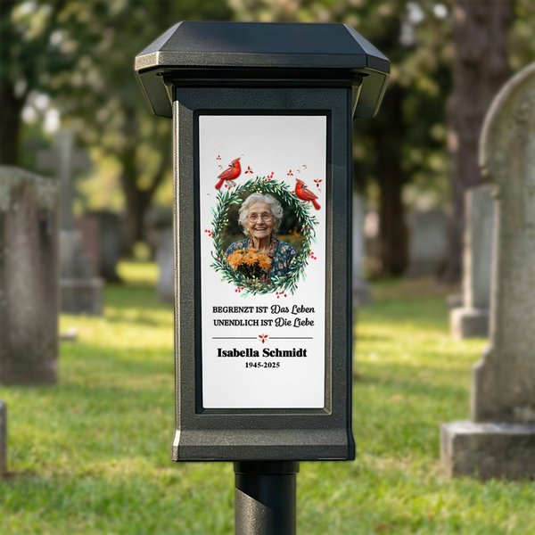 Personalisiertes Solar Grablicht mit Trauerspruch Blumenkranz & Foto | mit Namen & Datum | Garten | Friedhof | Erinnerung Geschenk für Hinterbliebene