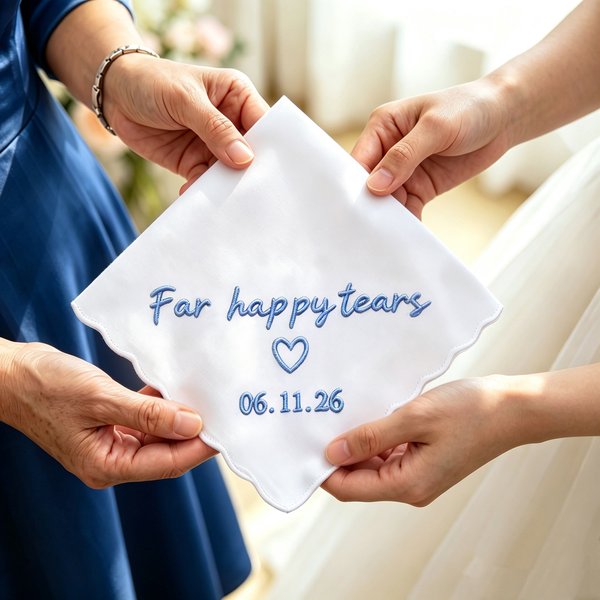 Personalizzato per “Happy Tears”: fazzoletto da matrimonio in cotone al 100% con iniziale e data ricamate – Regalo di nozze per la sposa e i genitori della sposa