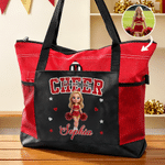Personalized Multicolor Cartoon Cheerleader Oxford Tote Bag with Name and Mesh Pockets Sports Game Day Team Gift for Cheerleader Teammate