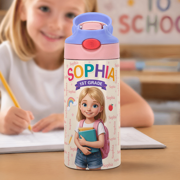 Personalised Cute Photo Cartoon Character 12 oz Insulated Water Bottle with Name and Straw Back to School Gift for Boys Girls